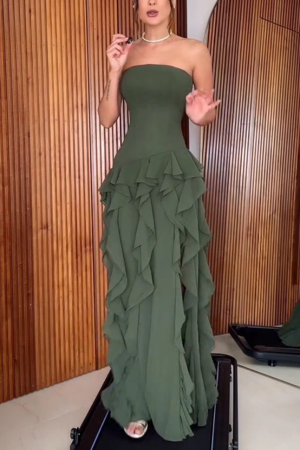 Elegant Sleeveless Off-shoulder Fitted Ruffled High Slit Maxi Dress | Consonak