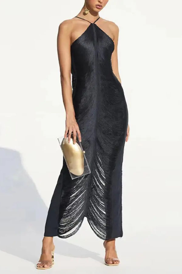 Sexy Allnight Metallic Halterneck Backless Fringed Slit Maxi Dress-consonak