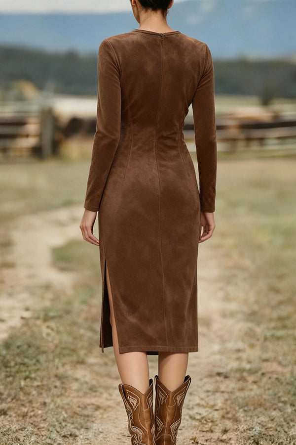 Solid Color Round Neck Long-sleeved Suede Slim-fit Tassel Midi Dress-consonak