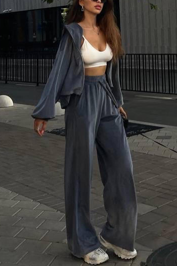 Velvet Casual Zip-up Hooded Top and Elastic Waist Wide Leg Pants Set-consonak