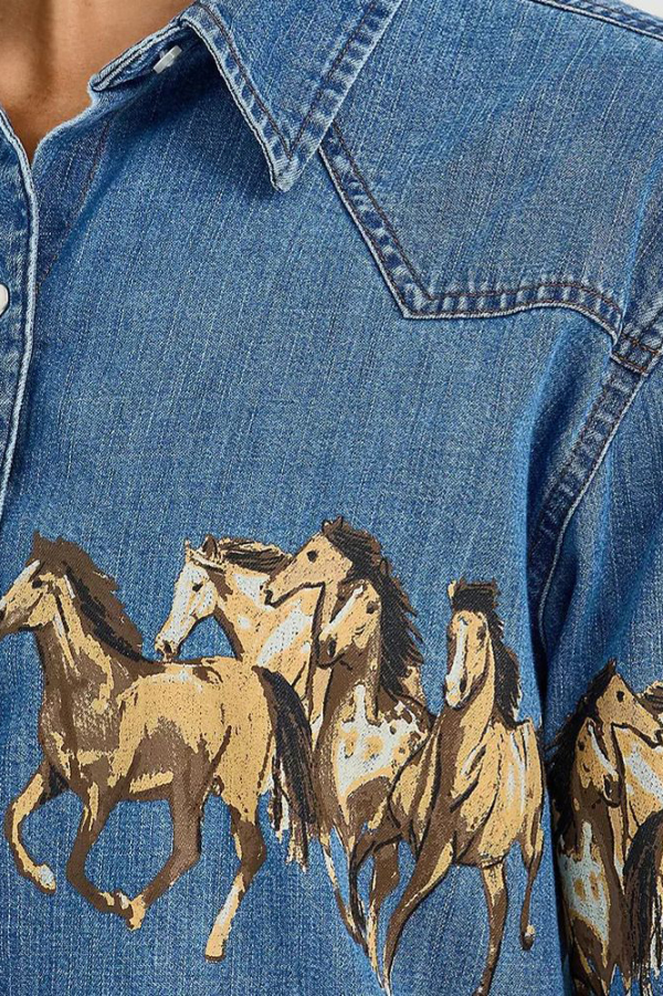 Stylish Horse Print Collared Long-Sleeved Casual Denim Jacket