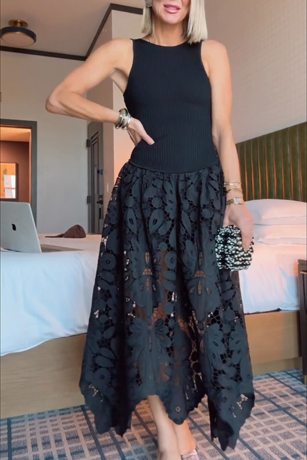 Atlas Asymmetric Ribbed-knit and Guipure Lace Back Zipper Midi Dress-consonak