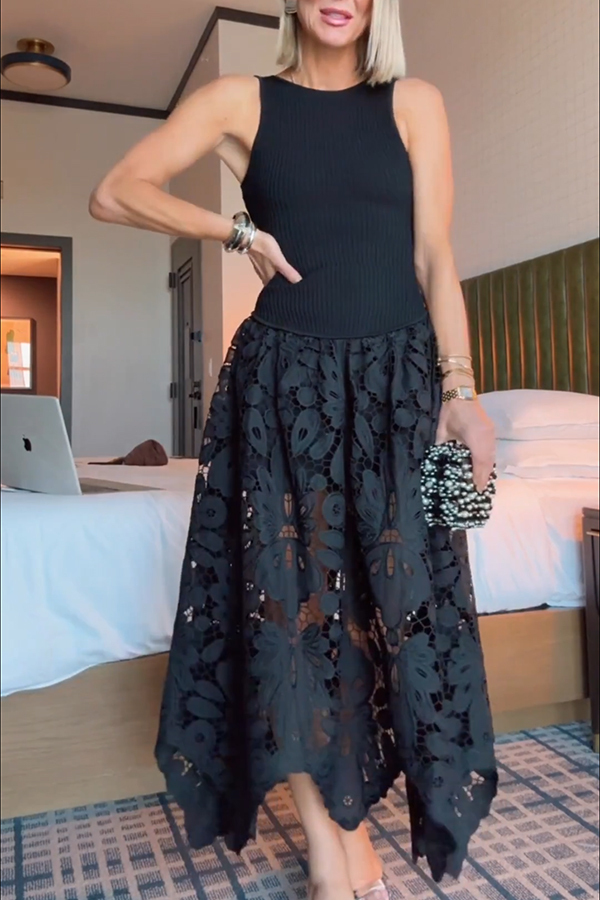 Atlas Asymmetric Ribbed-knit and Guipure Lace Back Zipper Midi Dress-consonak