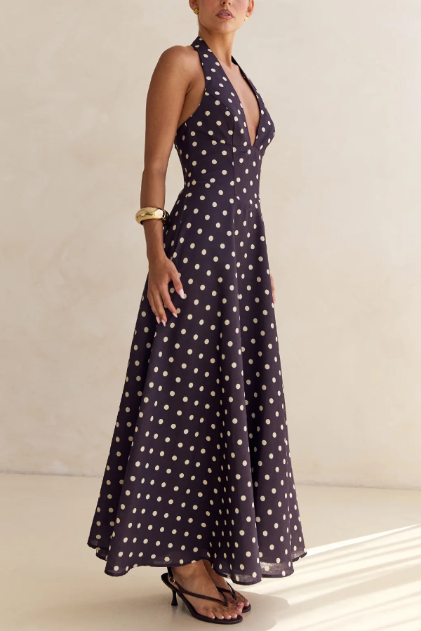 Floral Print V-neck Backless Tie-up Fitted Waist Elegant Maxi Dress-consonak