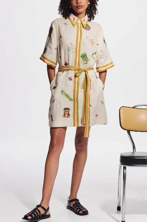Britt Linen Blend Unique Printed Short Sleeved Pocket Tie Waist Mini Dress-consonak