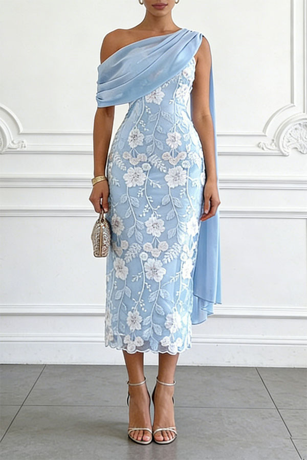 Ellie Ruched Drape Tulle One Shoulder Floral Embroidery Party Midi Dress | Consonak