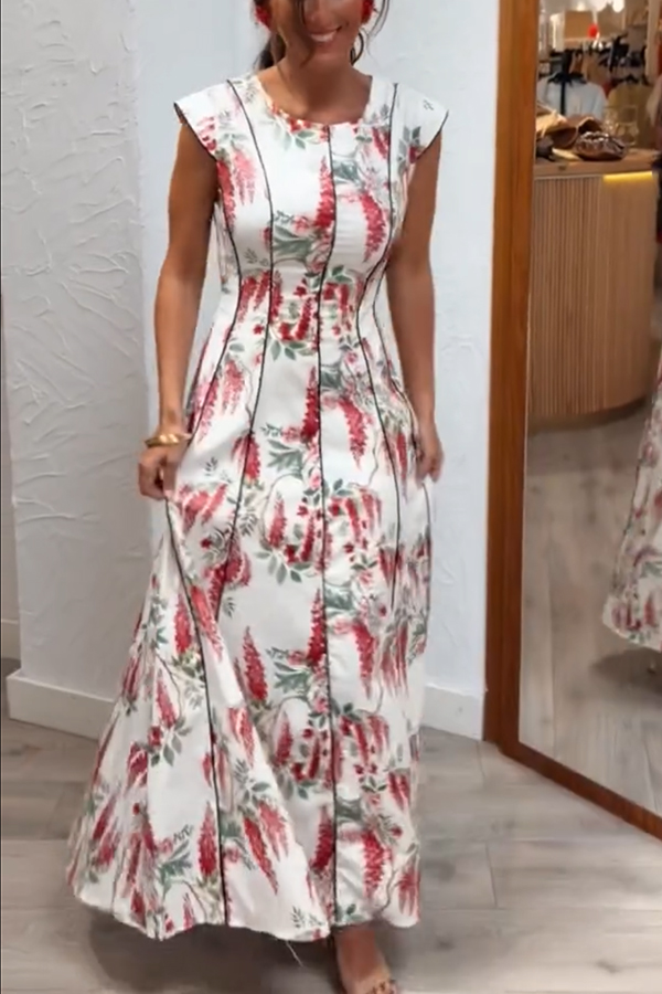 Kaydien Linen Blend Floral Print Contrast Princess Line Short Sleeve Maxi Dress-consonak