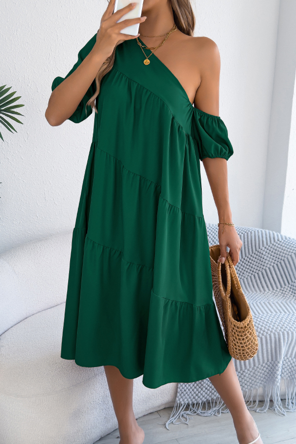 Solid Color Loose Slash Neck Short-sleeved Casual Midi Dress-consonak