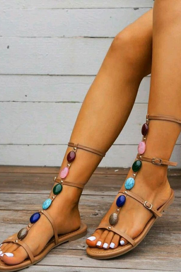 Buckle Strap Colorful Pearl Beach Resort Style Flat Sandals-consonak