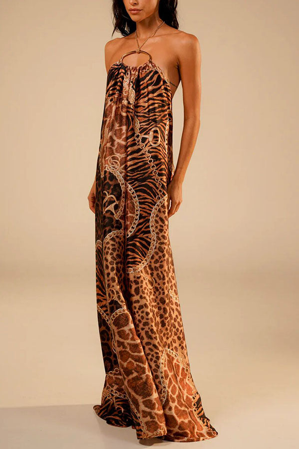 Savana Animal Paisley Print Metal Ring Halter Backless Vacation Maxi Dress