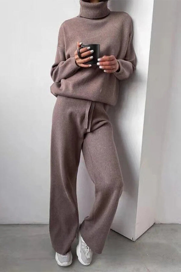 Solid Color Turtleneck Long-sleeved Knit Top and Elastic Waist Casual Pants Set-consonak