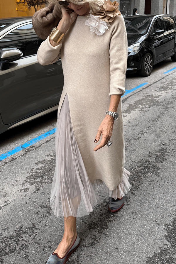 Jollie Knit Long Sleeve Front Slit Midi Sweater and Pleated Tulle Stretch Tank Midi Dress Two-piece Set-Consonak