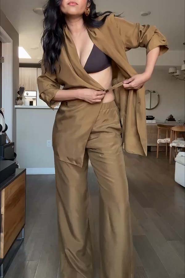 Bella Satin Drape Collar Single Button Casual Blazer and Elastic Waist Pocket Loose Pants Set-consonak