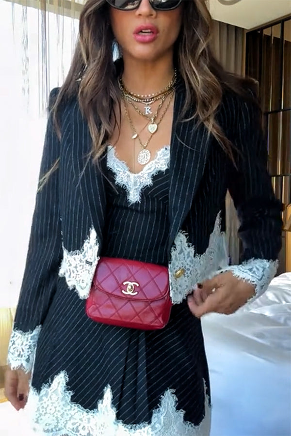 Emily in Paris Striped Lace Trim Lapel Crop Loose Blazer | Consonak