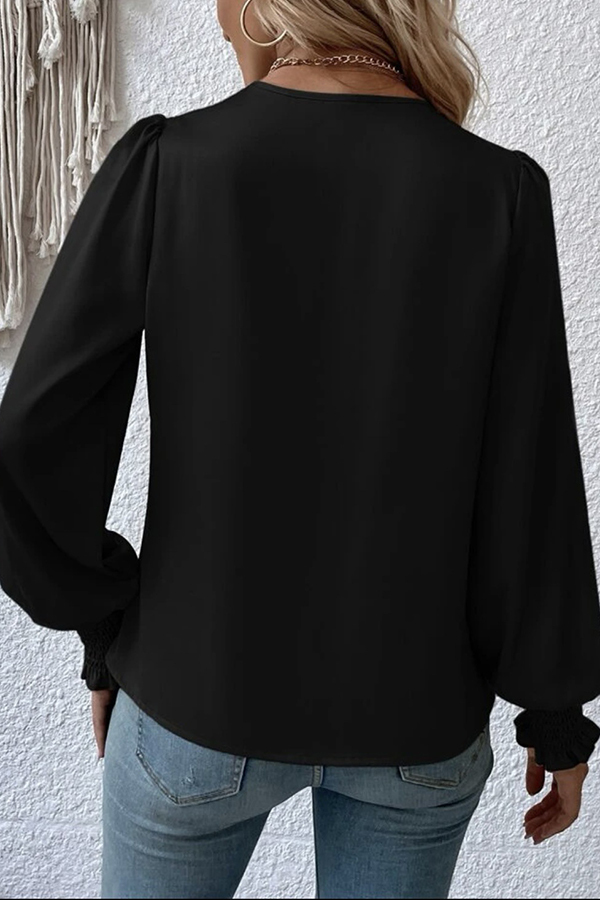 Satin Solid Color V-neck Lantern Sleeve Elegant Loose Shirt-consonak