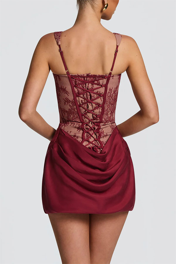 Cornelia Floral Lace Contrast Structural Detail Back Lace-up Satin Hem Mini Dress | Consonak