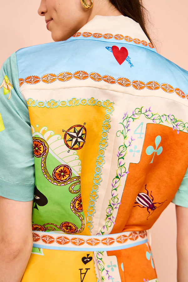 Kiana Linen Blend Unique Print Short Sleeved Tie Waist Shirt Maxi Dress-consonak