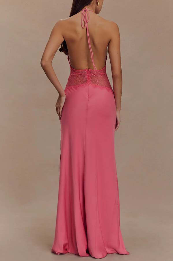Seductive Details Satin Lace Waist Halter Tie-up Backless Maxi Dress-consonak