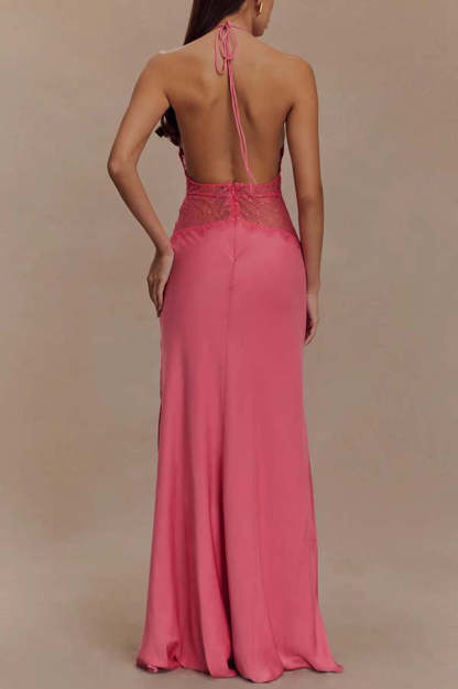 Seductive Details Satin Lace Waist Halter Tie-up Backless Maxi Dress-consonak