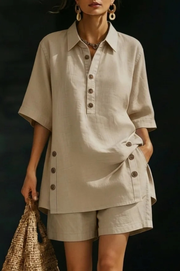 Solid Color Collared Short-sleeved Button-down Loose Top and Elastic Waist Pocket Shorts Set-Consonak