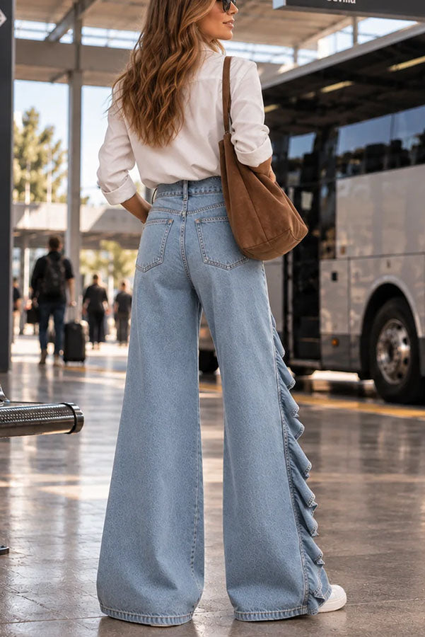 Uniquely Designed Denim Mid Rise Irregular Ruffles Pocket Wide Leg Jeans-Consonak