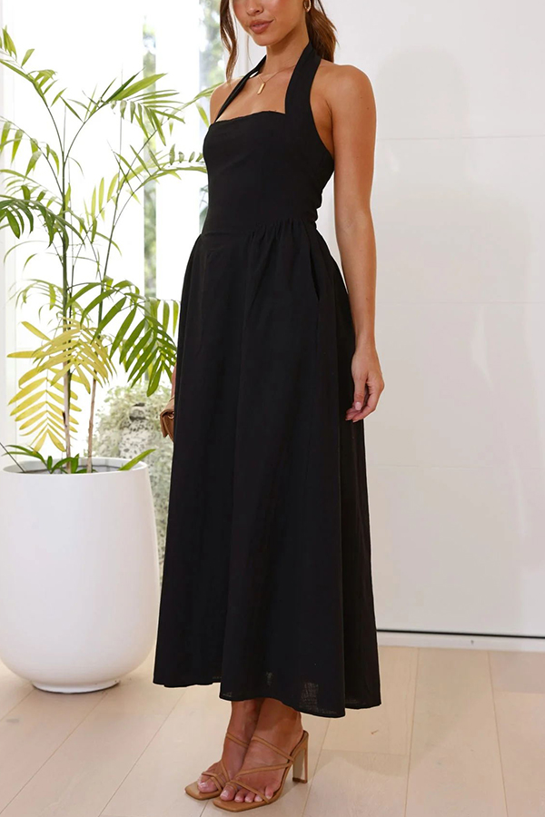 Brunch in Bali Linen Blend Halter Neck Pocketed Maxi Dress-consonak