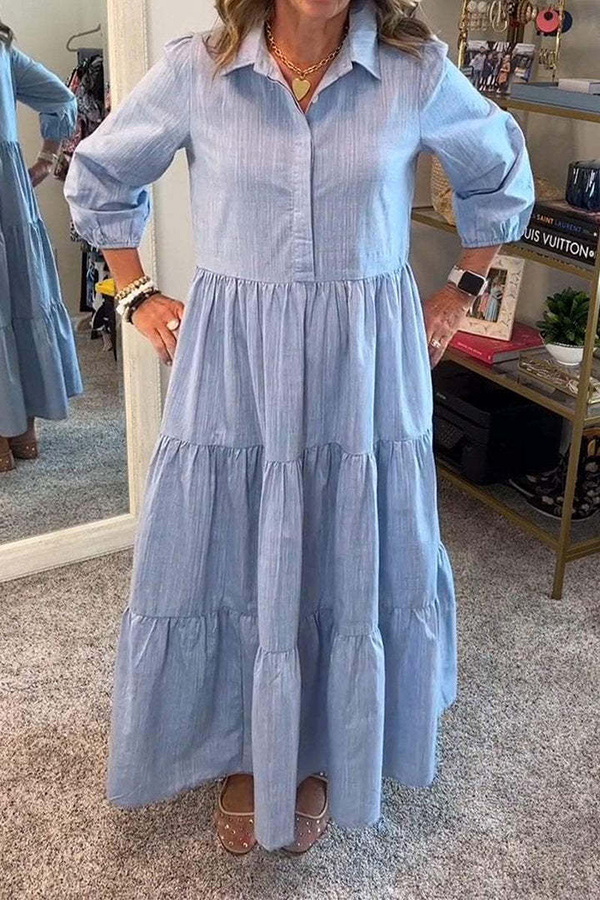 Solid Color Lapel Elastic Cuffs Loose Maxi Dress-consonak