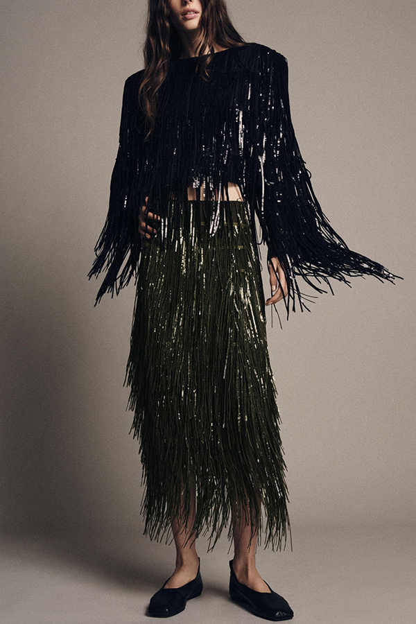 Stylish Sequined Tassel Elegant Midi Skirt-consonak