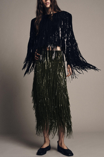 Stylish Sequined Tassel Elegant Midi Skirt-consonak