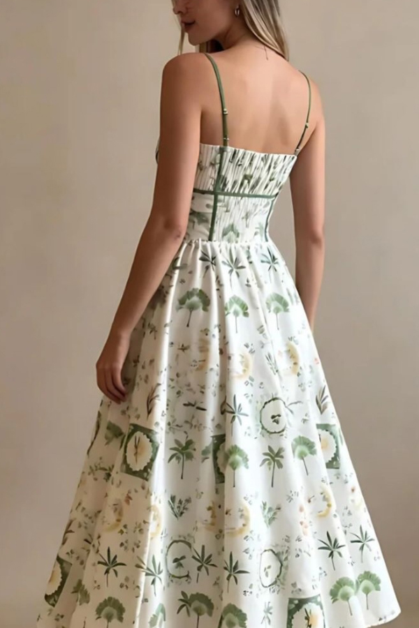 Unique Printed Thin-strapped Pleated Waist Casual Maxi Dress | Consonak