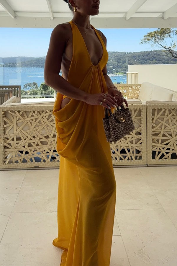 Saffron Muse Draped Halter Dress-Consonak