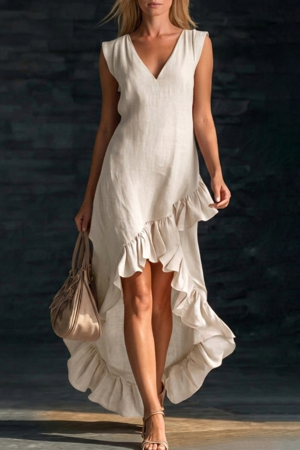 Linen Blend V-neck Sleeveless Ruffled Hem Casual Maxi Dress | Consonak