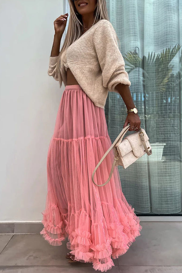 Elegant Tulle Stretch Waist Paneled Pleated Maxi Skirt-consonak