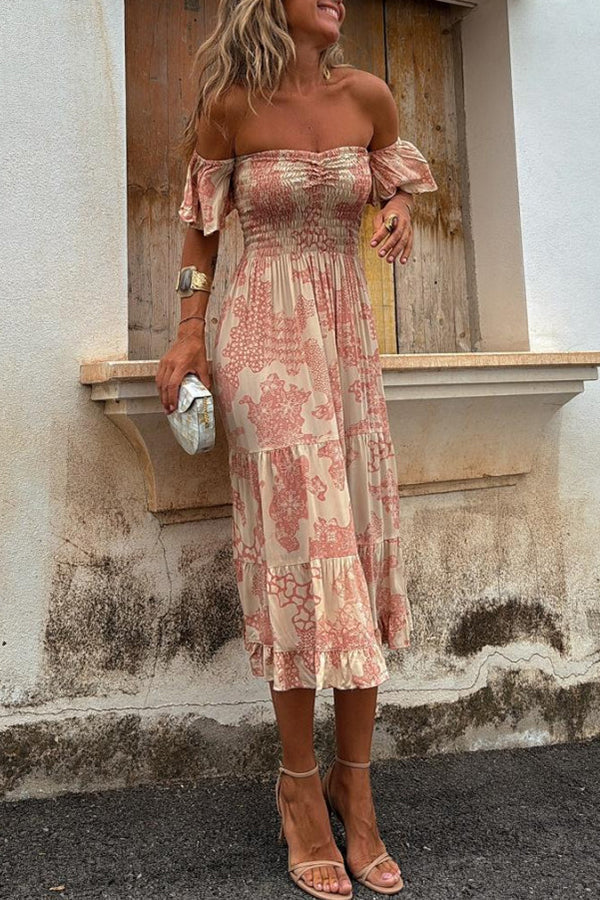Pitaya Unique Print Off Shoulder Smocked Ruffle Sleeve Layered Midi Dress-consonak