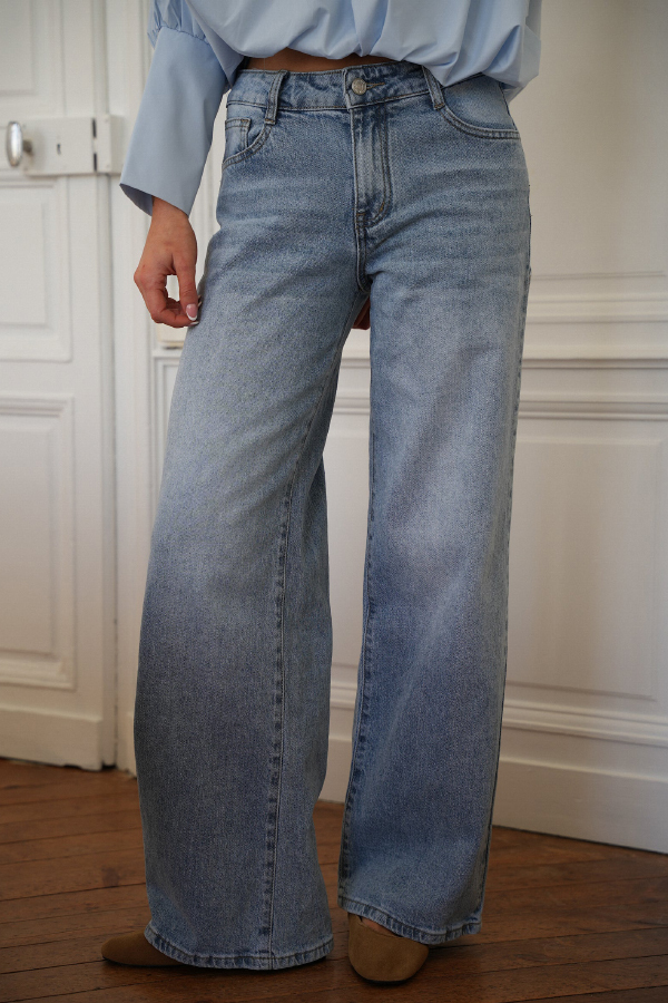 Stylish Denim Colorblock Star Patterned Mid Waist Pocket Wide Leg Jeans