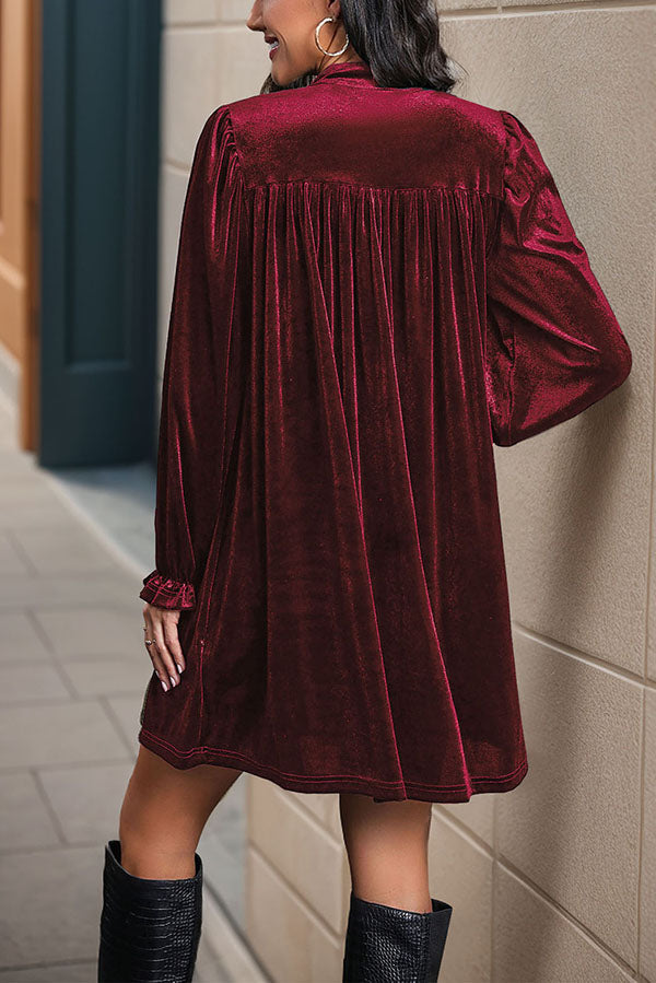Solid Color Velvet V-Neck Long Sleeve Loose Mini Dress-consonak