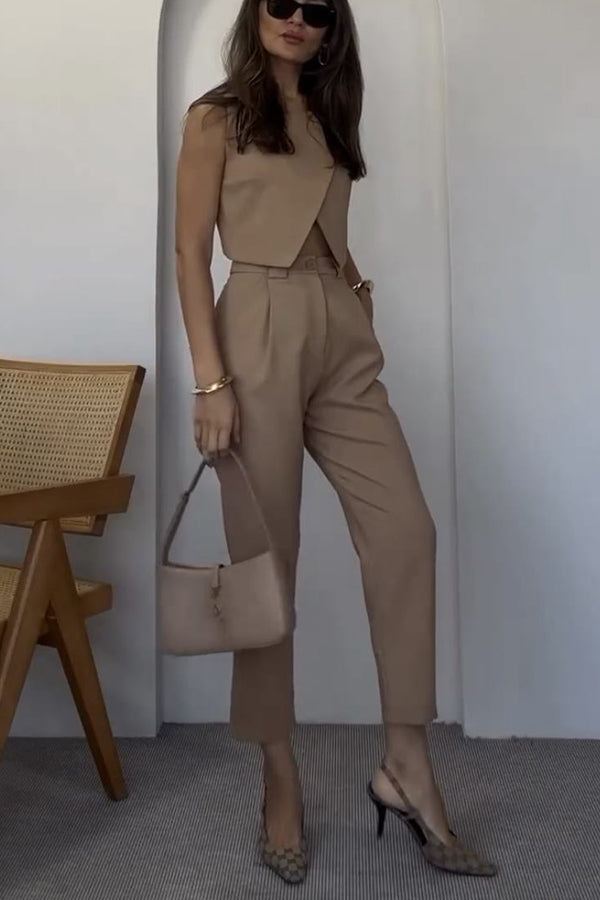 Balvin Linen Blend Cross Button Neck Crop Vest and High Rise Pocketed Pants Set-consonak