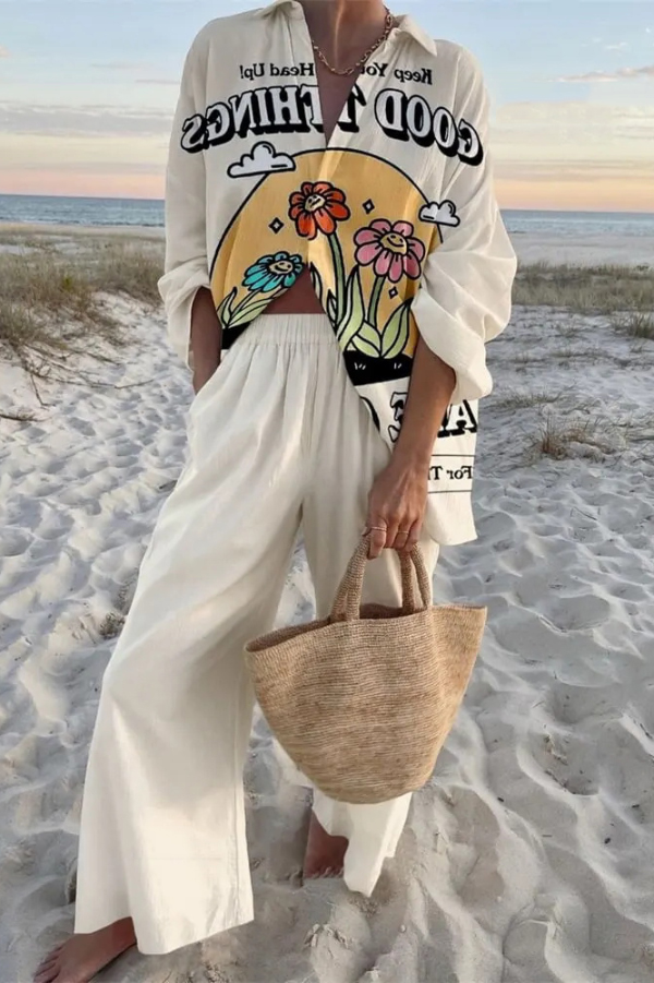 Cartoon Floral Print Oversized Shirt and Elastic Waist Pocket Pants Set