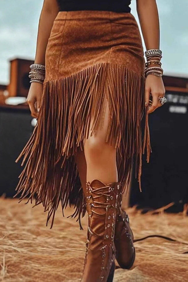 Retro High-waisted Casual Tassel Suede Midi Skirt-consonak