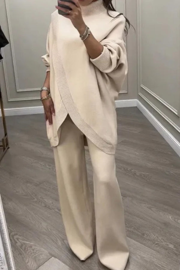 Solid Color Loose-fitting Turtleneck Knit Top and Elastic Waist Casual Pocket Straight Leg Pants-consonak