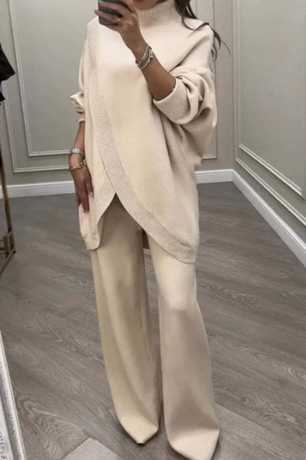 Solid Color Loose-fitting Turtleneck Knit Top and Elastic Waist Casual Pocket Straight Leg Pants-consonak