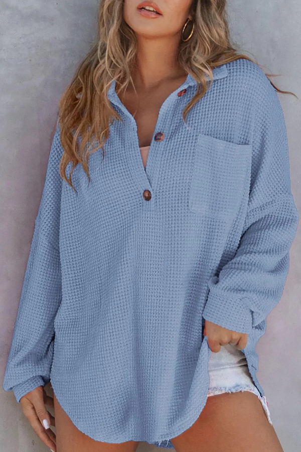 Solid Color Waffle Loose Casual Knitted Pocket Top-consonak