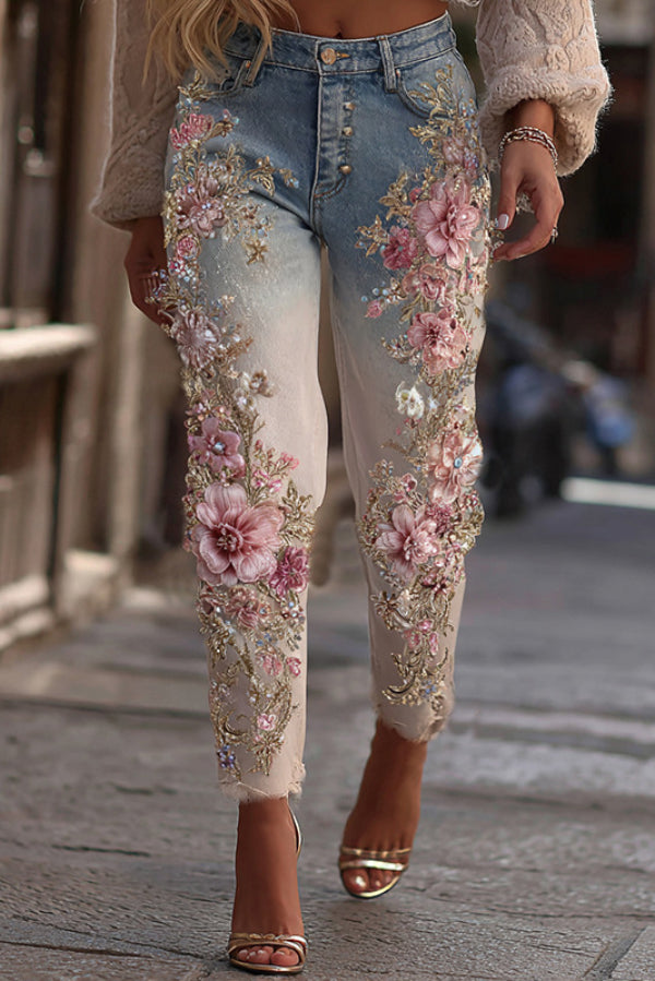 3D Floral Print Pocket Casual Jeans-consonak