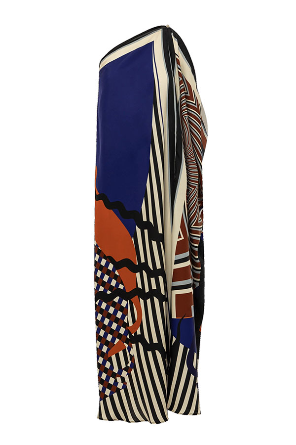Abstract Geometric Color-Block Print One Shoulder Slit Kaftan Maxi Dress