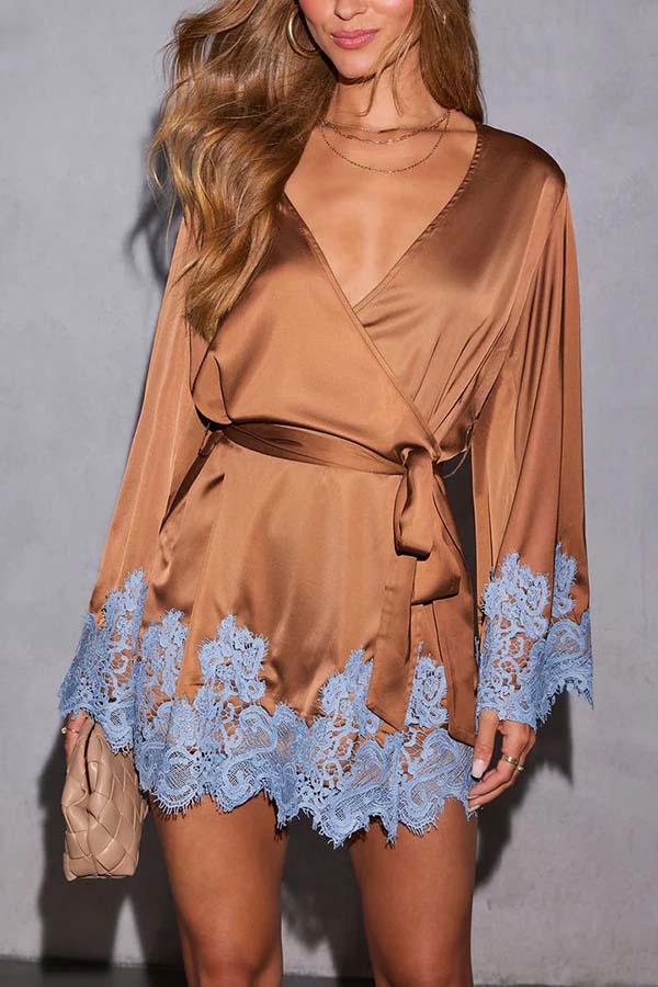 Joyful Bond Satin Lace Trim Contrast Color Bell Sleeve Tie-up Kimono Mini Dress | Consonak