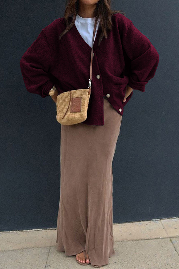 Solid Color V-Neck Button Casual Pocket Knit Cardigan-consonak