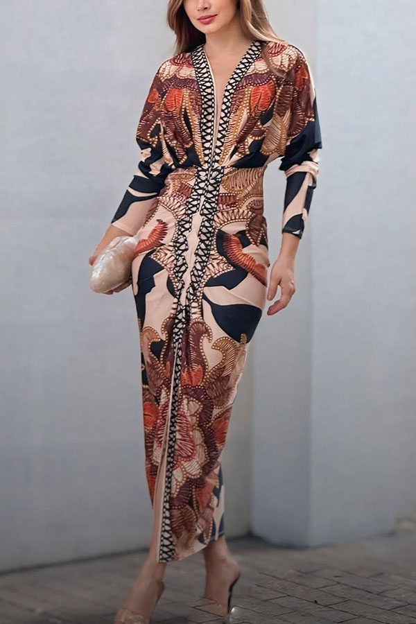Brazilian Style Unique Print Dolman Long Sleeve Ruched Slit Midi Dress  Vestidos | Consonak