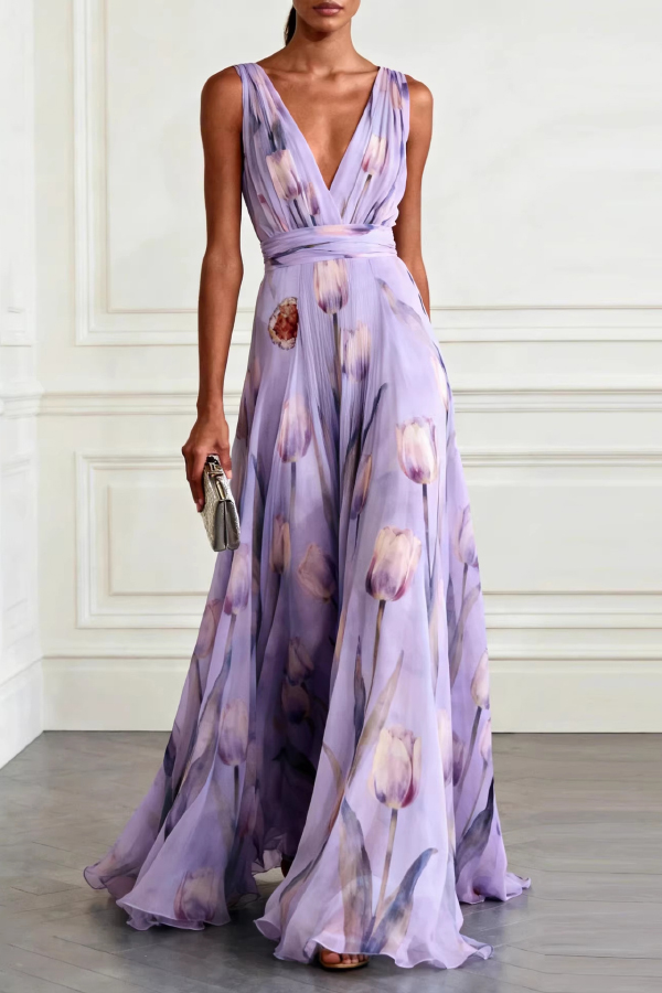 Tulip Print V-Neck Sleeveless Elegant Waist-Defining Maxi Dress