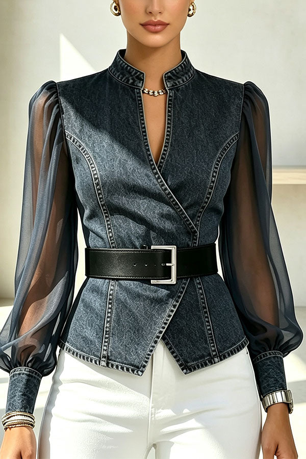 Faux Denim & Sheer Tulle Sculpted Crossover Blouse-Consonak
