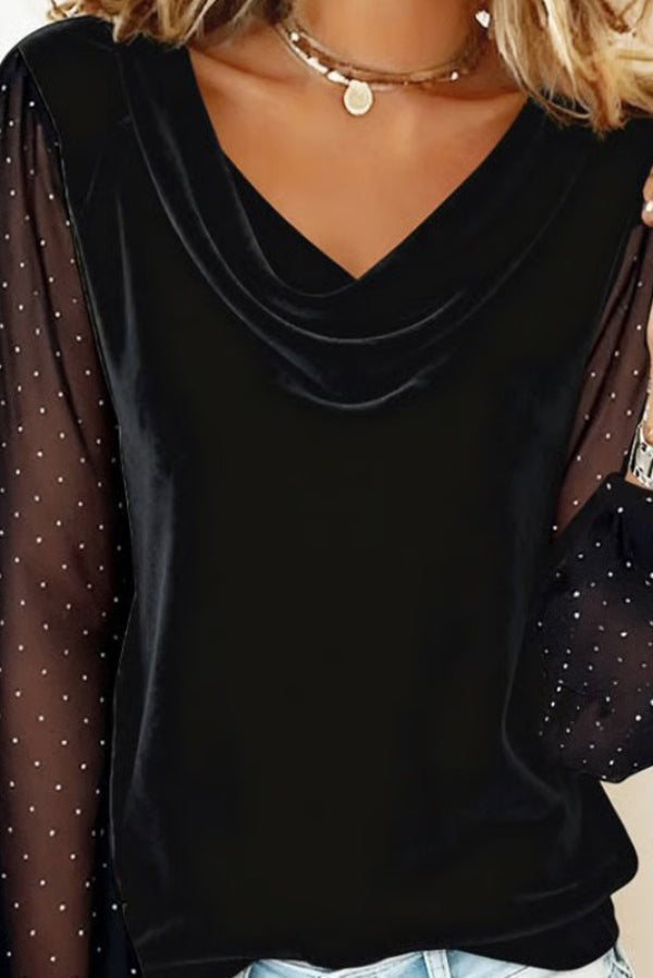 Fashionable Velvet Patchwork Mesh Rhinestone Long-sleeved Casual Top
